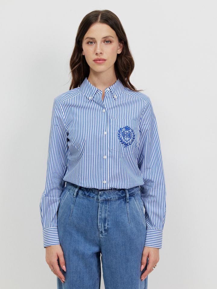 חולצה מכופתרת פסים כיס בצבע כחול/לבן