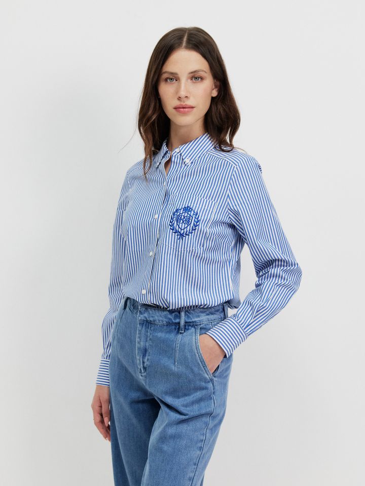 חולצה מכופתרת פסים כיס בצבע כחול/לבן