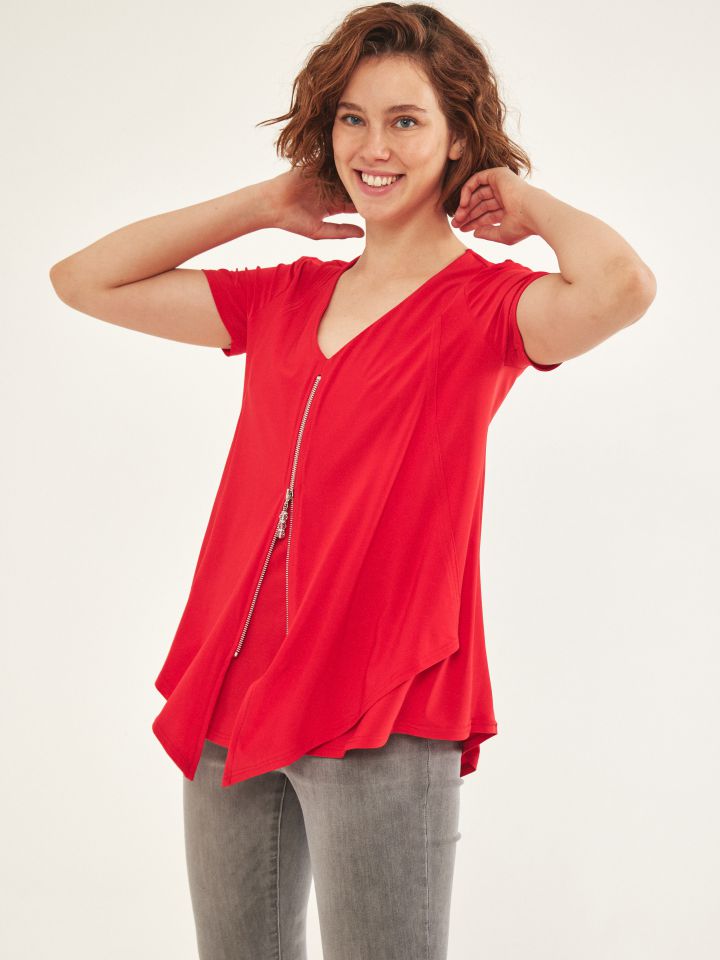חולצה V רוכסן בצבע אדום