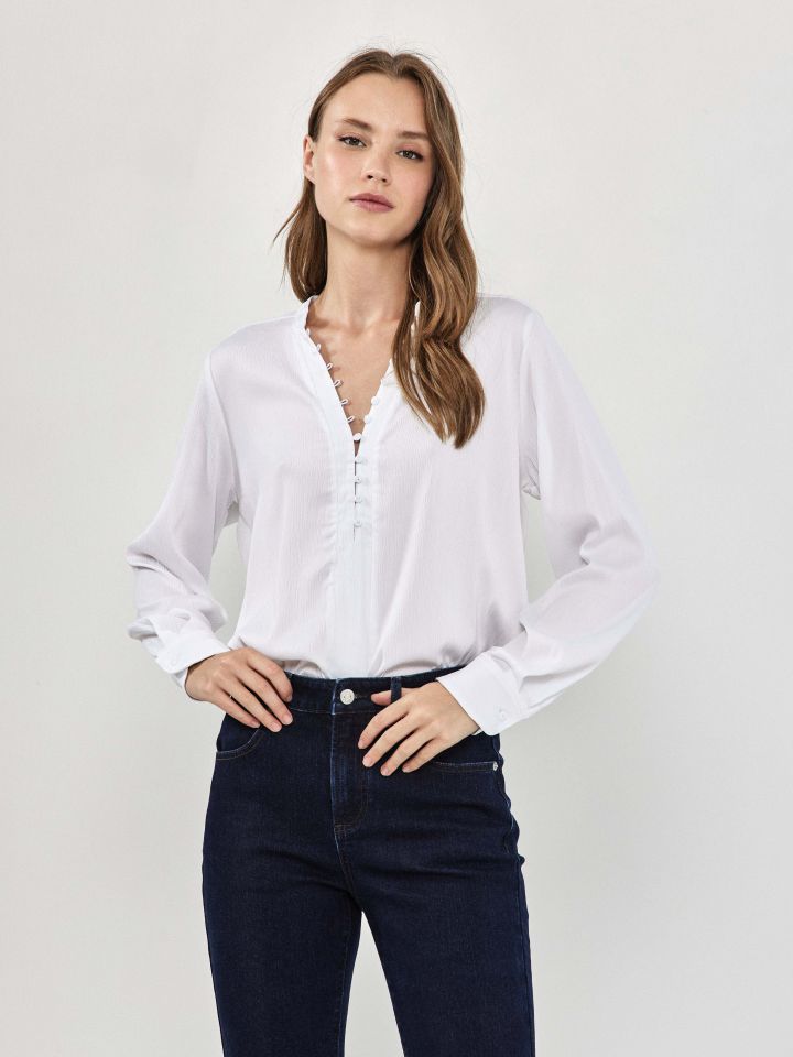 חולצה שינה שרוול ארוך בצבע לבן