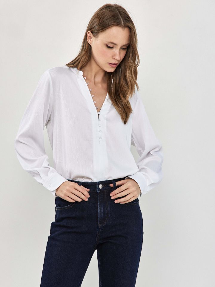 חולצה שינה שרוול ארוך בצבע לבן