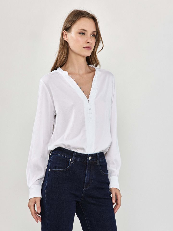 חולצה שינה שרוול ארוך בצבע לבן