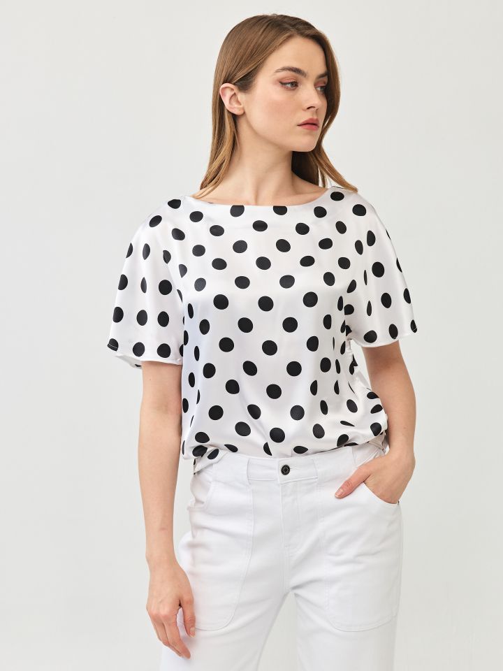 חולצה סטן נקודות בצבע לבן