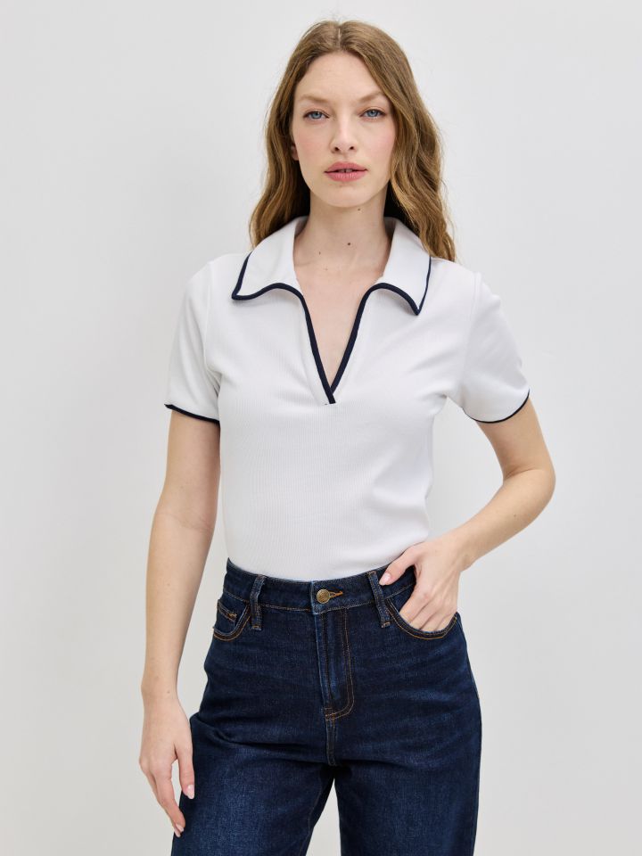 חולצה צוארון שילוב PROMO בצבע לבן