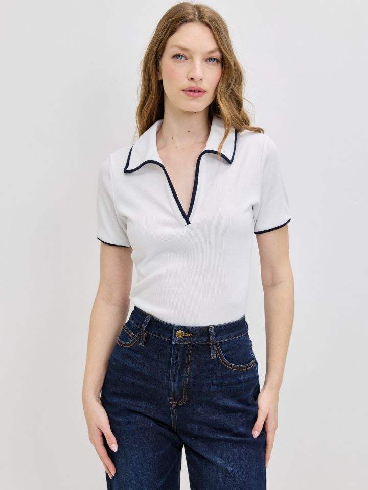 חולצה צוארון שילוב PROMO בצבע לבן