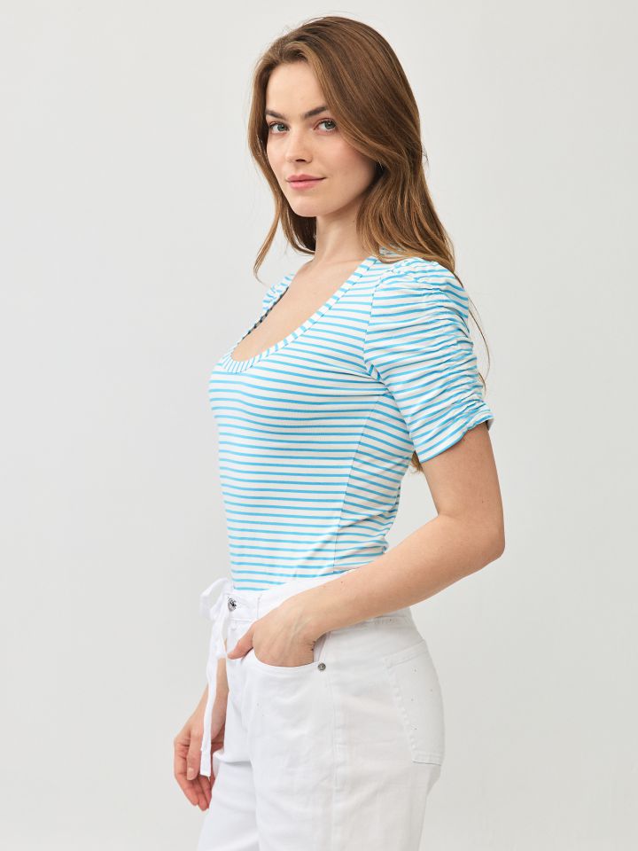 חולצה פסים כיווץ בשרוול PROMO בצבע טורקיז