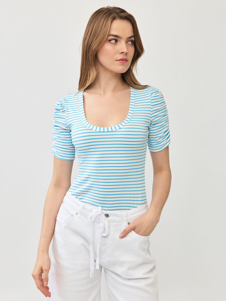 חולצה פסים כיווץ בשרוול PROMO בצבע טורקיז