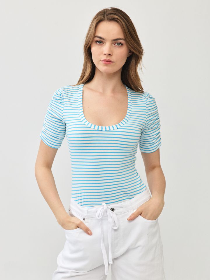 חולצה פסים כיווץ בשרוול PROMO בצבע טורקיז