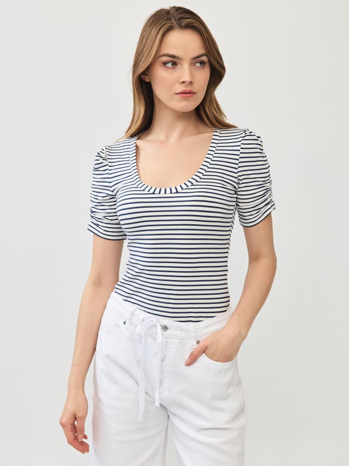 חולצה פסים כיווץ בשרוול PROMO בצבע נייבי