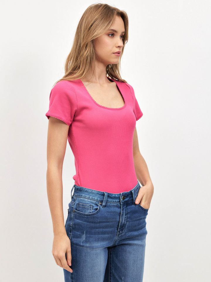 חולצה ריב פתח מרובע PROMO בצבע פוקסיה