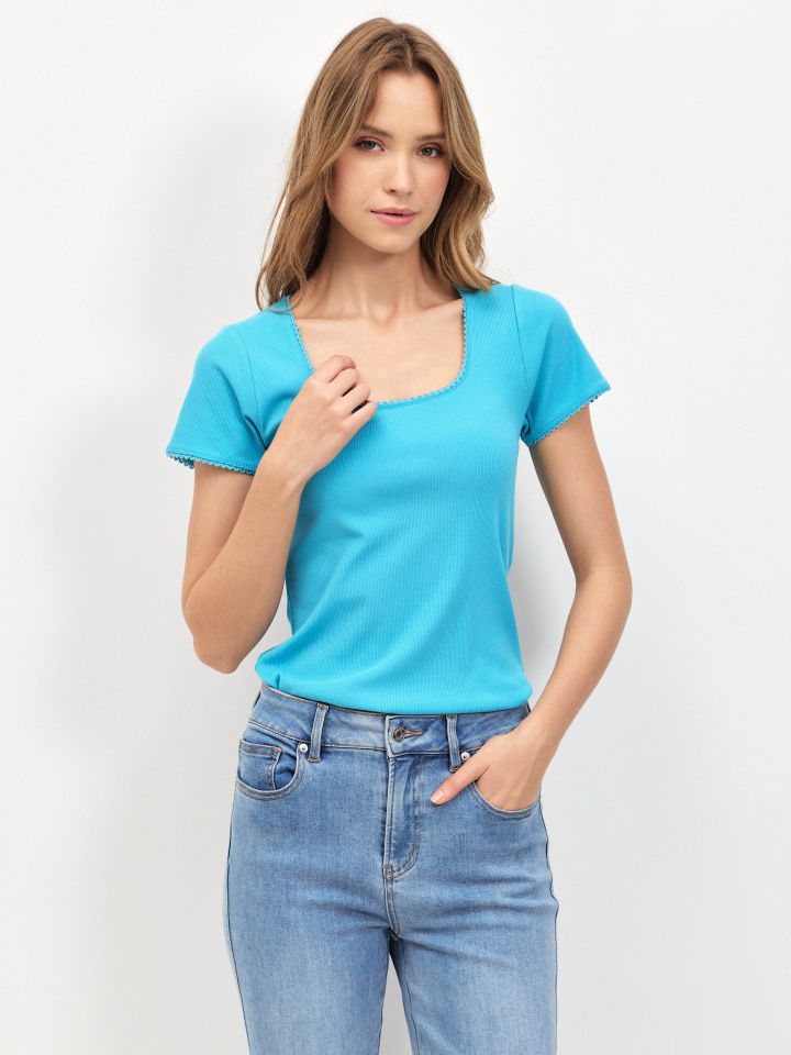 חולצה ריב פתח מרובע PROMO בצבע טורקיז