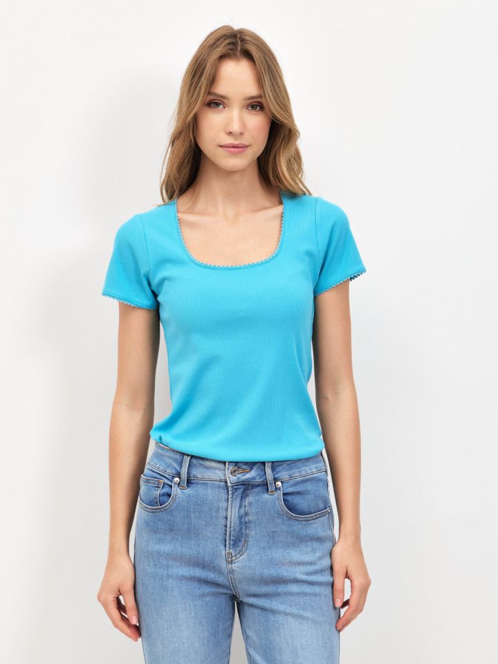 חולצה ריב פתח מרובע PROMO בצבע טורקיז
