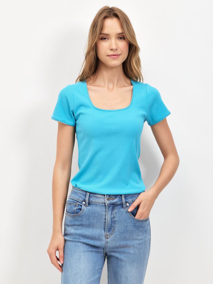 חולצה ריב פתח מרובע PROMO בצבע טורקיז