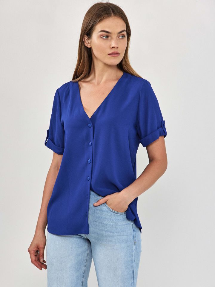 חולצה V כפתורים PROMO בצבע רויאל בינוני