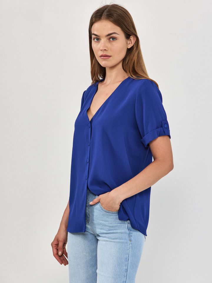 חולצה V כפתורים PROMO בצבע רויאל בינוני