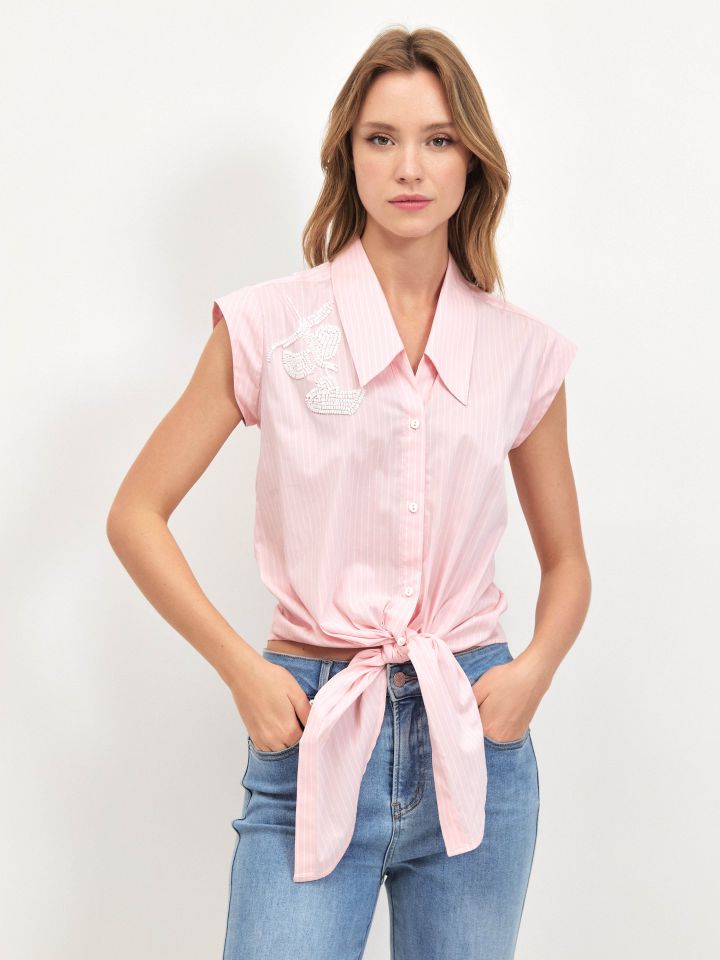 חולצה פסים קשירה פייטים בצבע ורוד