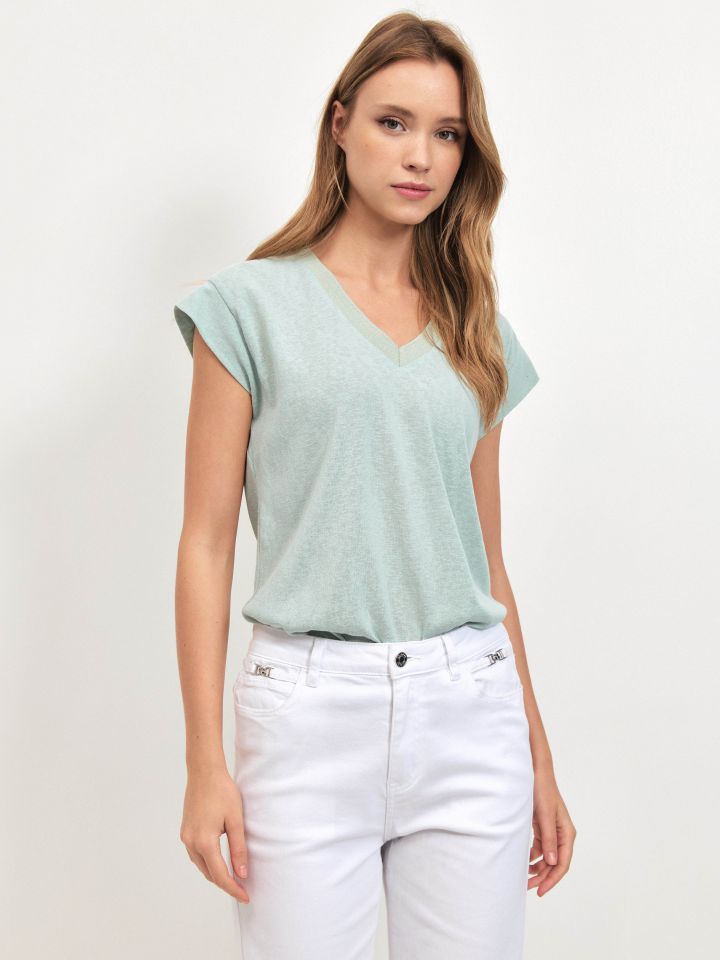 חולצה V סלאב סרט PROMO בצבע ירוק