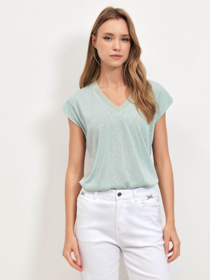 חולצה V סלאב סרט PROMO בצבע ירוק