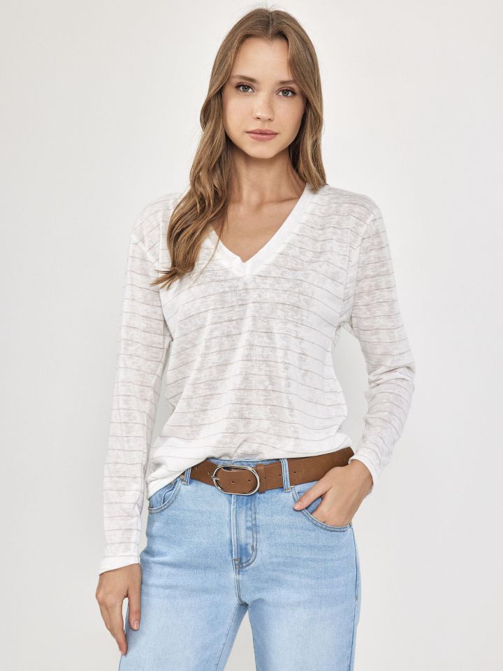 חולצה V פסים PROMO בצבע אופוויט/ורוד