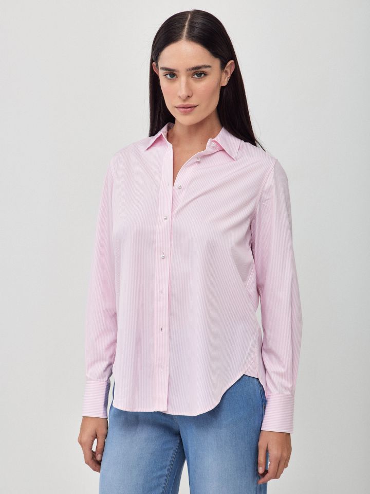 חולצה פסים כפתורי פנינה בצבע ורוד עתיק