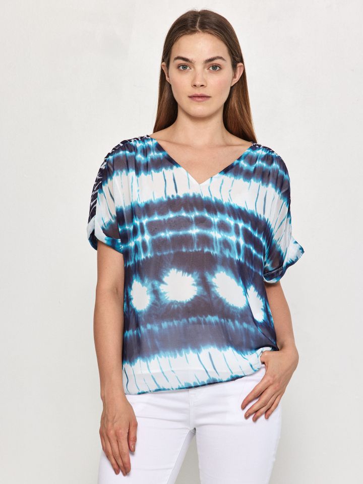 חולצה V דפוס טאי אן די בצבע טורקיז