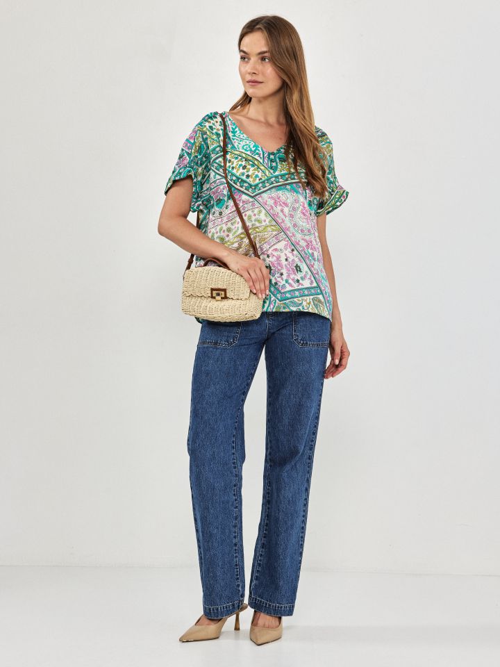 חולצה V דפוס טאי אן די בצבע ירוק