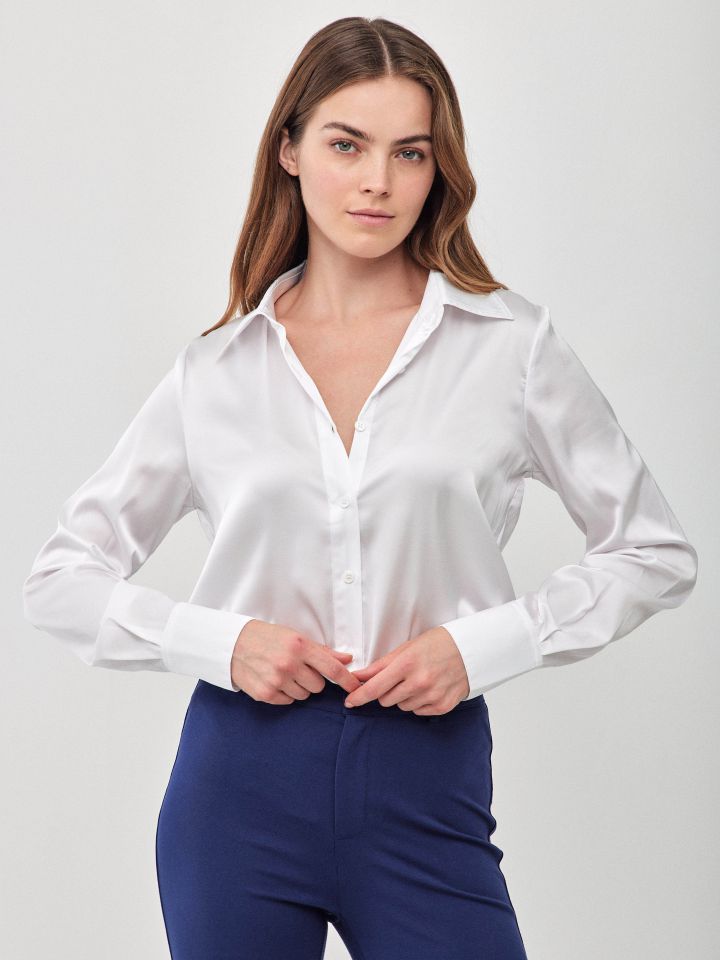 חולצה סטן PROMO שרוול ארוך בצבע לבן