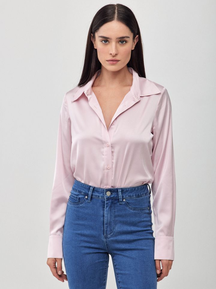 חולצה סטן PROMO שרוול ארוך בצבע ורוד עתיק