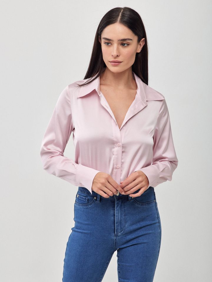 חולצה סטן PROMO שרוול ארוך בצבע ורוד עתיק