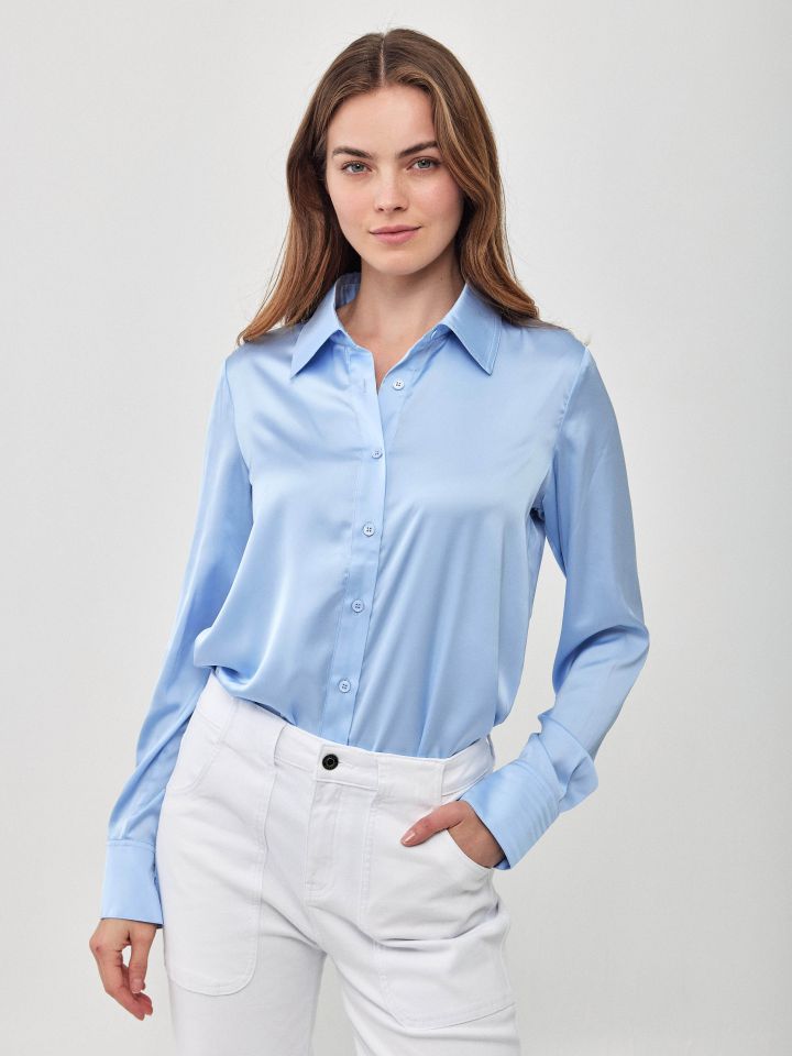 חולצה סטן PROMO שרוול ארוך בצבע תכלת אורלי