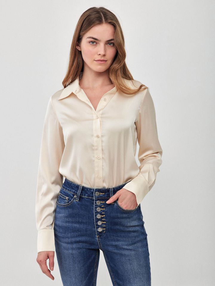 חולצה סטן PROMO שרוול ארוך בצבע שמפניה