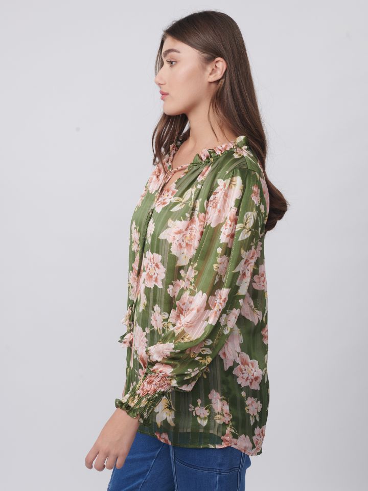 חולצה דפוס פתח מלמלה בצבע זית