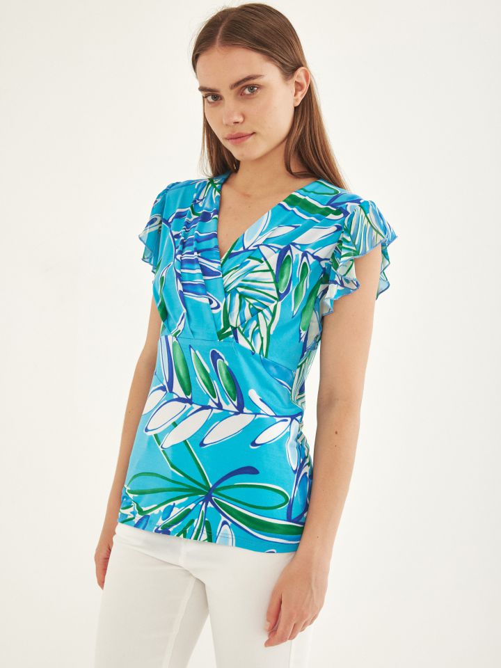 חולצה מעטפה שרוול שיפון בצבע טורקיז