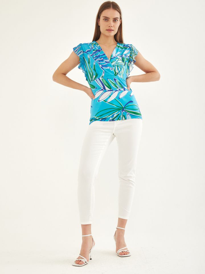 חולצה מעטפה שרוול שיפון בצבע טורקיז