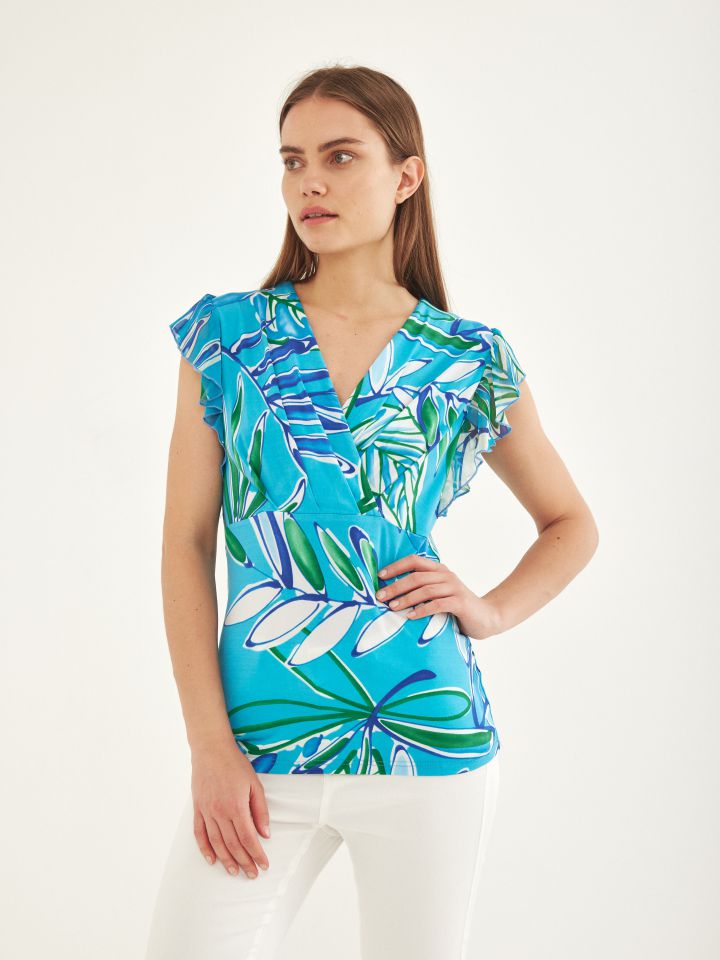 חולצה מעטפה שרוול שיפון בצבע טורקיז