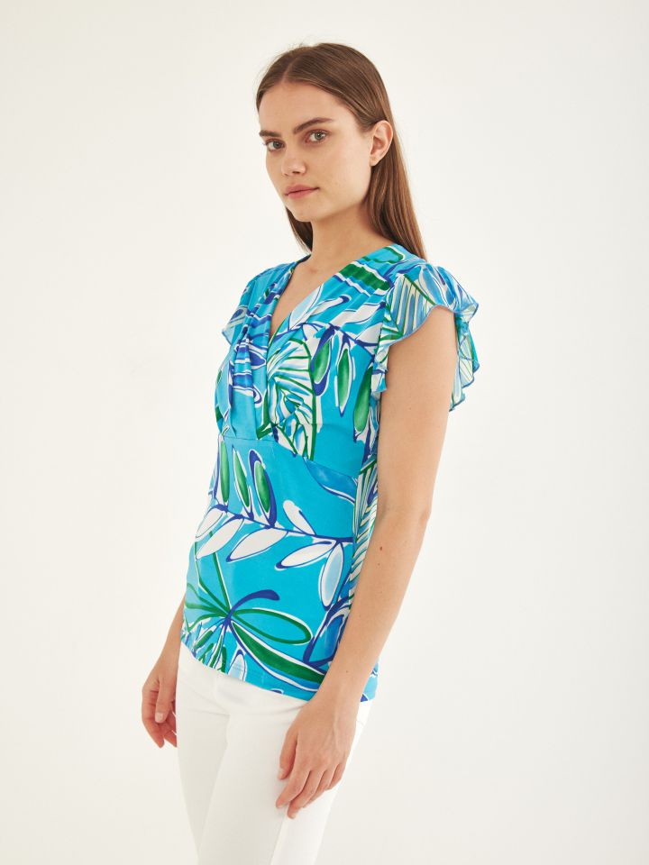 חולצה מעטפה שרוול שיפון בצבע טורקיז