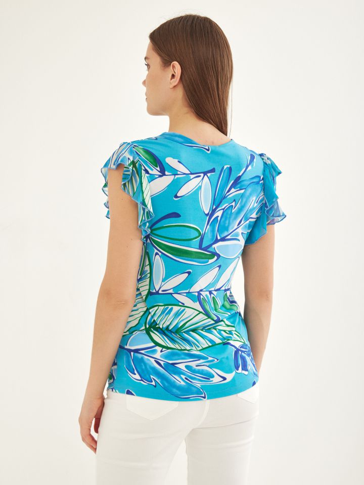 חולצה מעטפה שרוול שיפון בצבע טורקיז