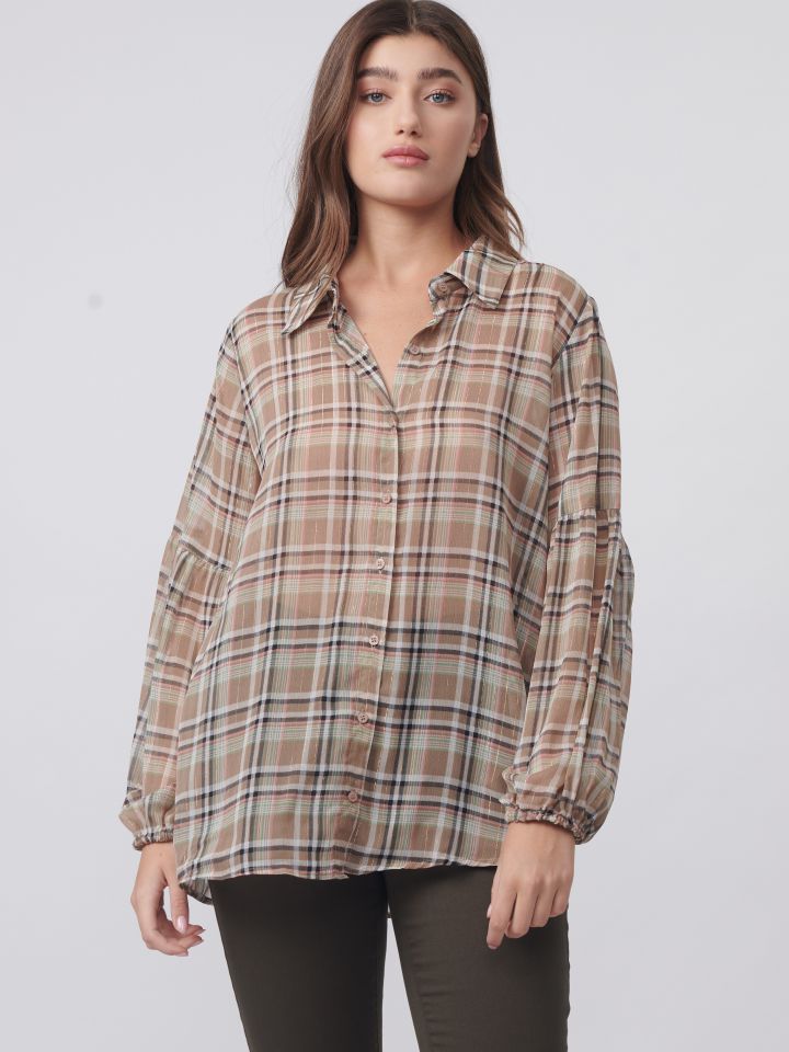 חולצה דפוס משבצות שרוול בלון בצבע בייז’