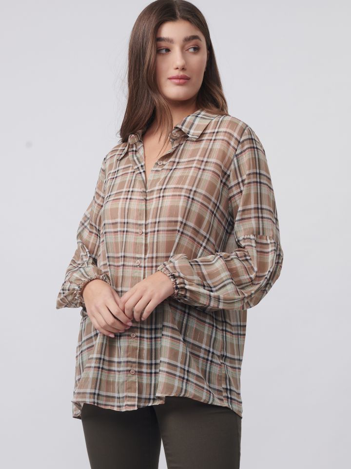 חולצה דפוס משבצות שרוול בלון בצבע בייז’