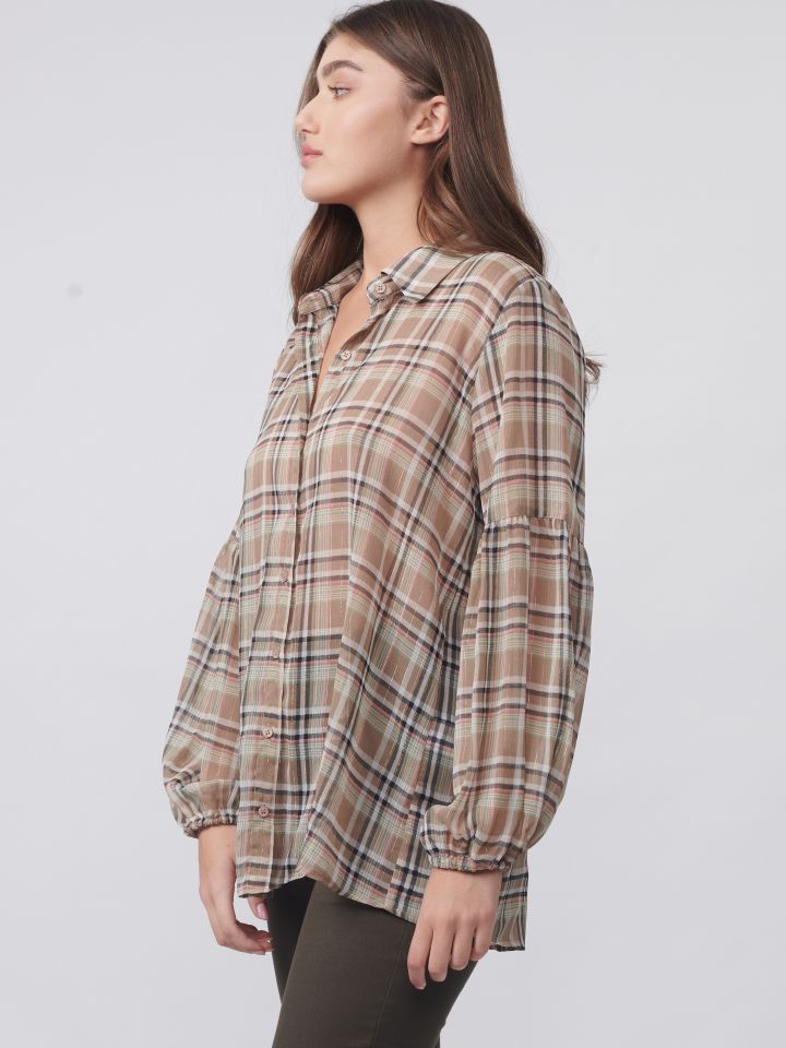 חולצה דפוס משבצות שרוול בלון בצבע בייז’