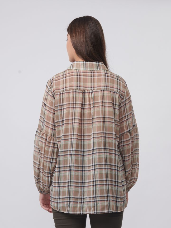 חולצה דפוס משבצות שרוול בלון בצבע בייז’