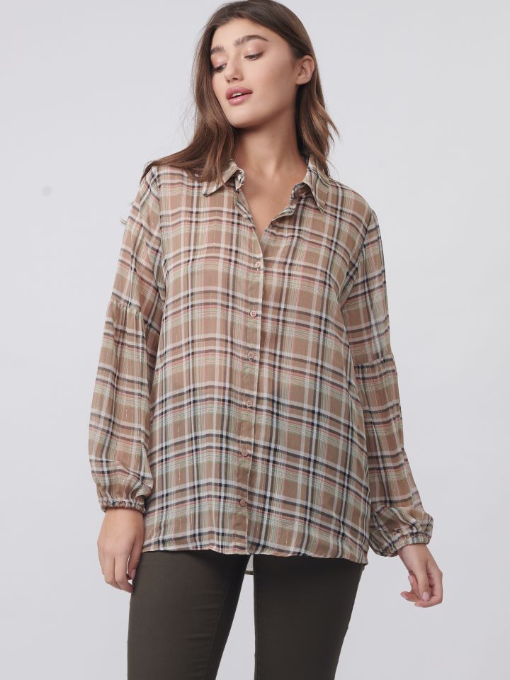 חולצה דפוס משבצות שרוול בלון בצבע בייז’