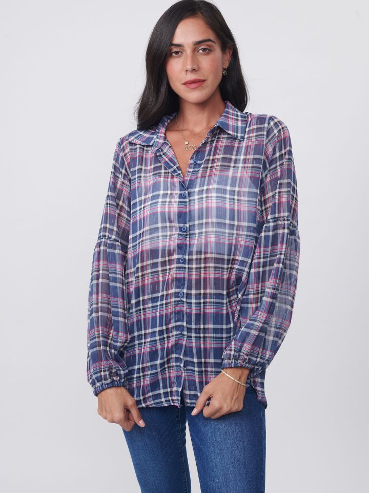 חולצה דפוס משבצות שרוול בלון בצבע כחול מעושן