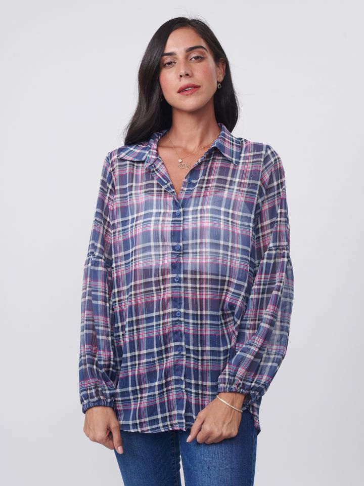 חולצה דפוס משבצות שרוול בלון בצבע כחול מעושן