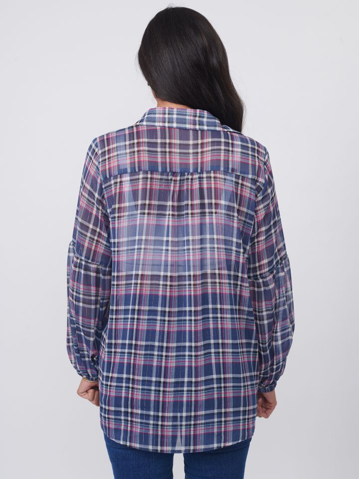 חולצה דפוס משבצות שרוול בלון בצבע כחול מעושן