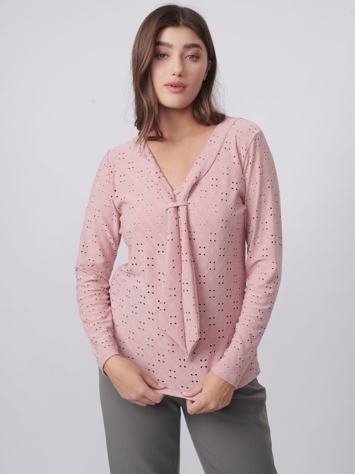 חולצה תחרה עניבה בצבע ורוד עתיק