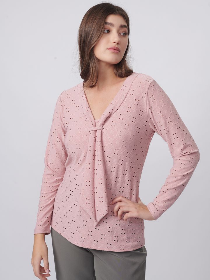 חולצה תחרה עניבה בצבע ורוד עתיק