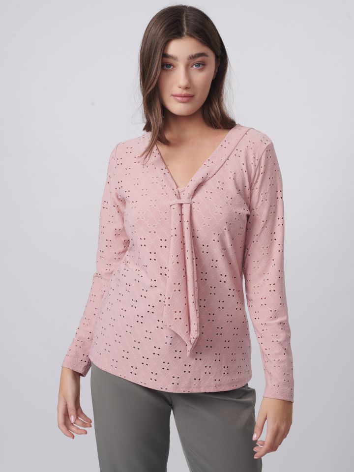 חולצה תחרה עניבה בצבע ורוד עתיק