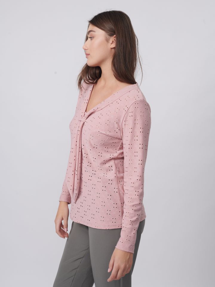 חולצה תחרה עניבה בצבע ורוד עתיק