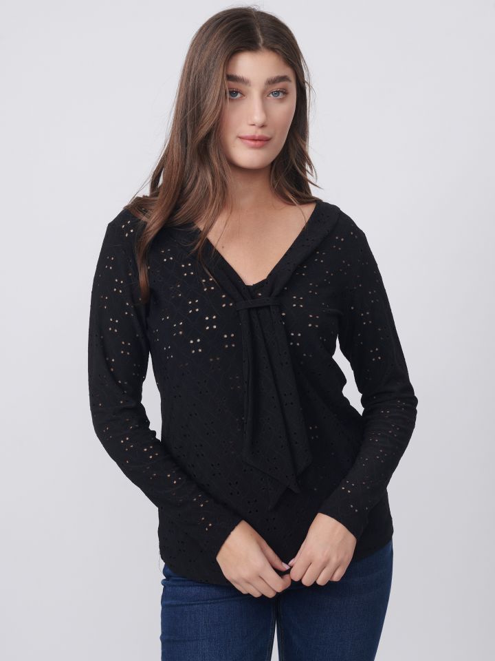 חולצה תחרה עניבה בצבע שחור